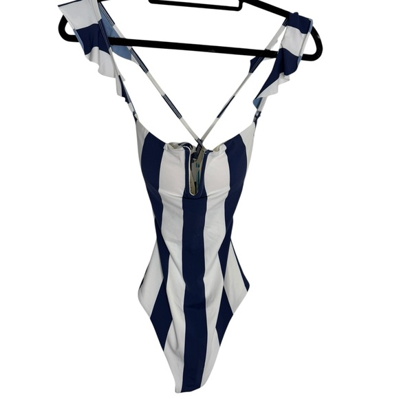 WET Elodie Navy Striped
Ruffle Plunged V Neck Classic Nautical In Large, NWT - Picture 5 of 12